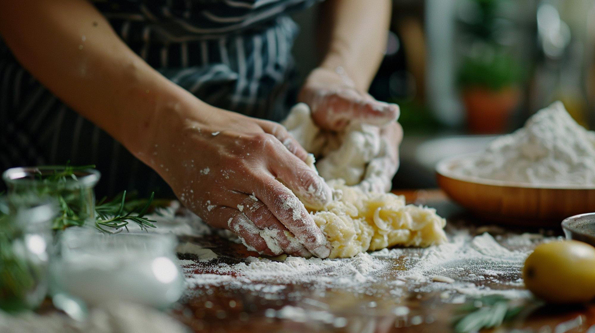Mani di uno chef al lavoro su pasta fresca