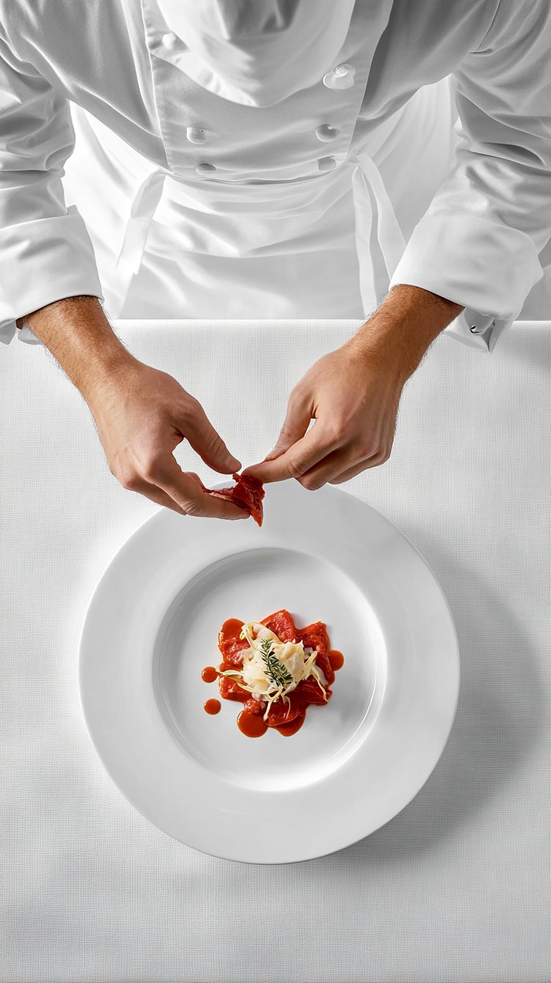 Chef che prepara una composizione culinaria